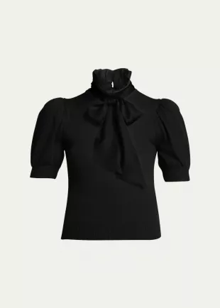 Chase Puff-Sleeve Ruffle-Neck Sweater