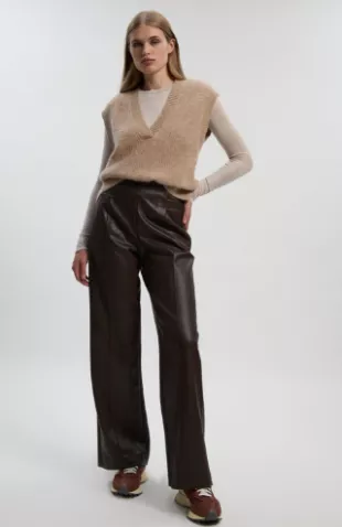 Chocolate Faux Leather Seam Detail Wide Leg Tailored Trouser