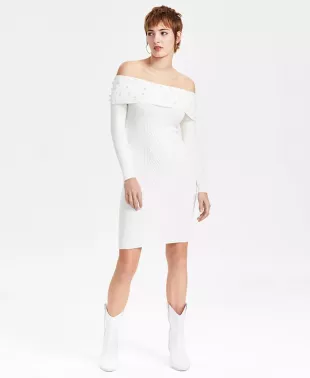 Off The Shoulder Embellished Cable Knit Dress