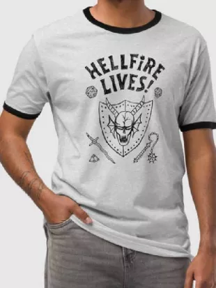 Stranger Things S05 Dustin Grey Hellfire Lives Print T-Shirt