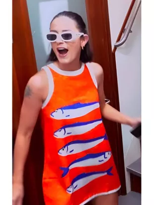 Below Deck Mediterranean S10 Aesha Scott Orange Fish Printed Dress