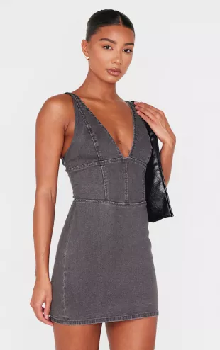 Washed Blue Plunge Corset Style Denim Mini Dress