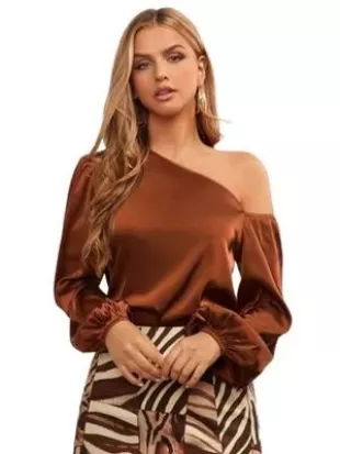 Asymmetrical Neck Lantern Sleeve Satin Top