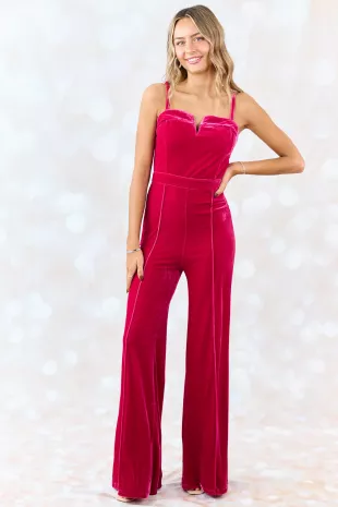 Flying Tomato Raspberry Split Neck Flare Leg Velvet Jumpsuit