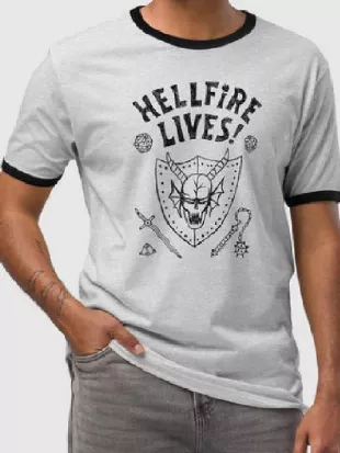 Stranger Things S05 Dustin Grey Hellfire Lives Print T-Shirt