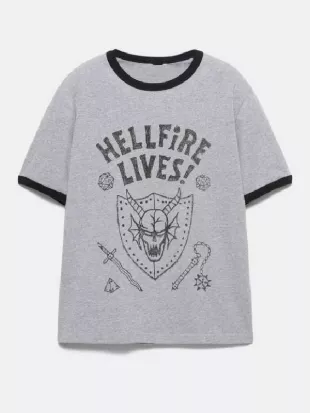 Stranger Things S05 Dustin Grey Hellfire Lives Print T-Shirt