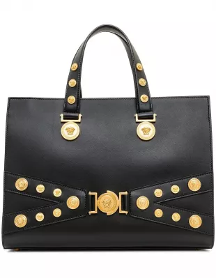 Black Leather Medusa Embellished Tribute Tote