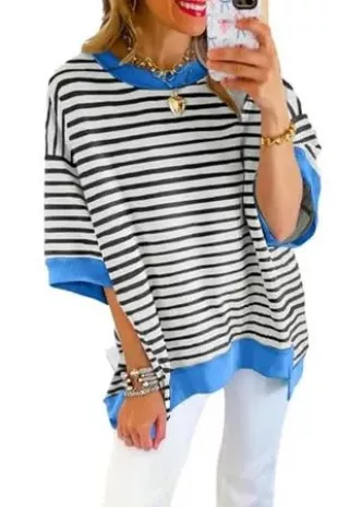 T Shirts Crewneck Short Sleeve Summer Tops Loose Color Block Sweatshirt
