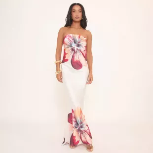 Bandeau Maxi Dress In Champagne Floral Print