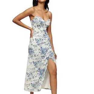 Floral Print Dress Sleeveless Summer Spaghetti Strap Split Party Long Dress