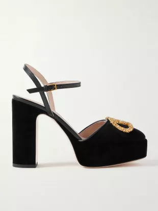 VLogo 105 Embellished Leather-trimmed Velvet platform Pumps