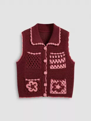 Knitted Collar Floral Hollow Out Crop Vest
