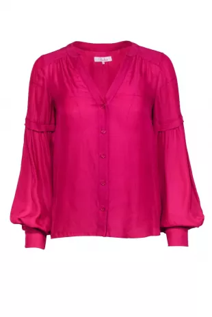 Silk Blend Button Front Balloon Sleeve Blouse