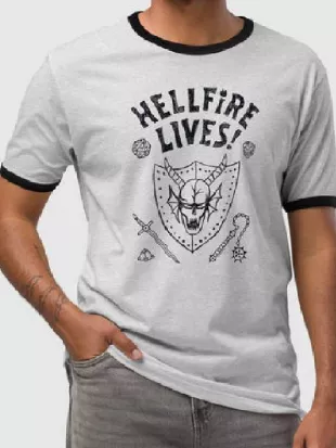 Stranger Things Dustin Grey Hellfire Lives Print T-Shirt
