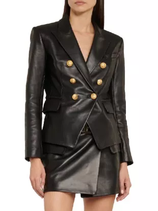 Kim Double Breasted Black Leather Blazer