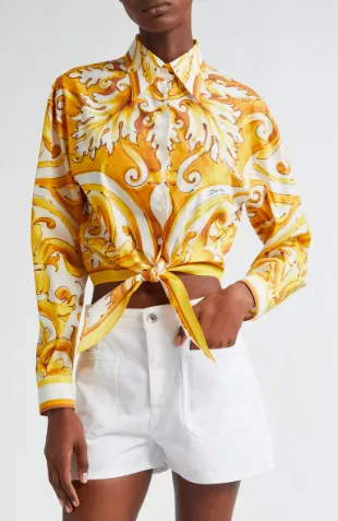 Majolica Tie Hem Cotton Button Up Shirt