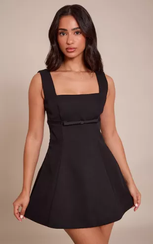 Petite Premium Black Woven Belt Detail Shift Dress