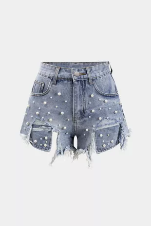 Denim High Waist Beaded Shorts