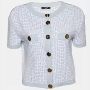 Light Blue Monogram Lurex Knit Cropped Short Sleeve Cardigan