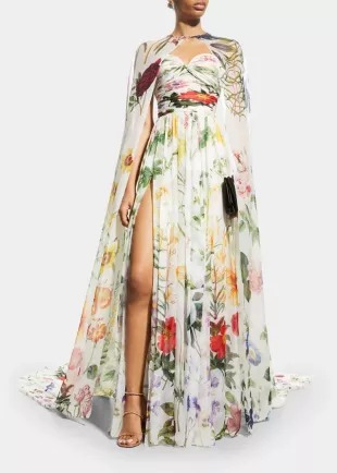 Floral Silk Chiffon Gown & Cape