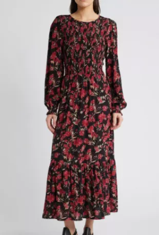 Floral Print Smocked Bodice Dress in Black- Red Botanist