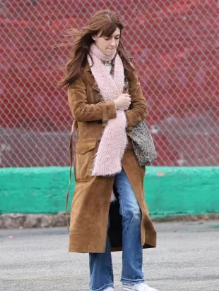 Daisy Edgar Jones Here Comes The Flood Movie Set Suede Coat