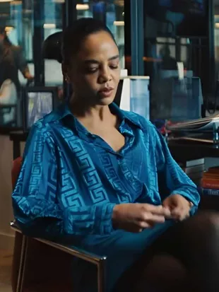 His and Hers 2026 Tessa Thompson Blue Silk Blouse