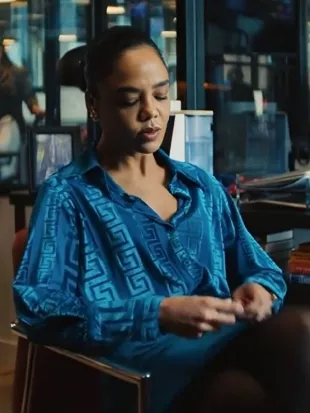 His and Hers Tessa Thompson Blue Silk Blouse