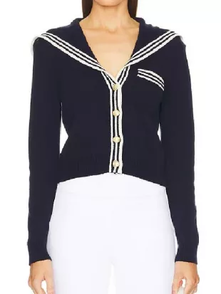 His and Hers Rebecca Rittenhouse Navy & White Trim Cardigan