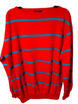Sweater Knit Striped Red Cotton Crewneck Large