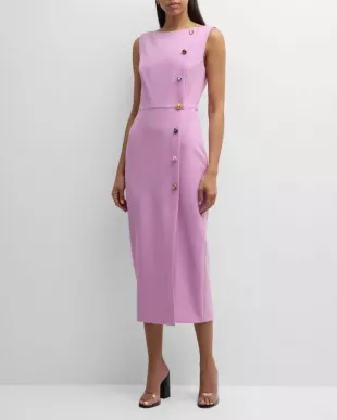 Jewel-Button Boat-Neck Sleeveless Midi Sheath Dress