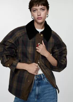 Checked Parka with Contrasting Collar
