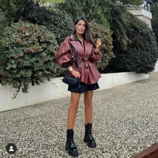 Faux Leather Belted Blazer Maroon...