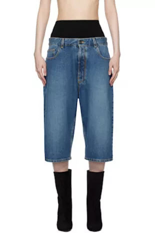 Blue Knitted Waistband Denim Bermuda Shorts