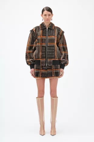 Birger Christensen Check Shearling Jacket Orange Print