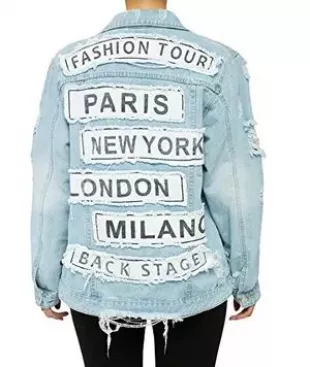 Letter Patchwork Long Sleeve Ripped Jean Jacket