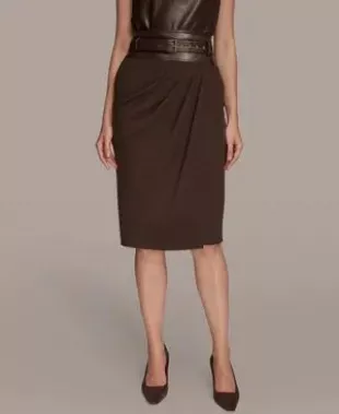 Faux Leather Trim Belted Pencil Skirt in Chocolate Plum