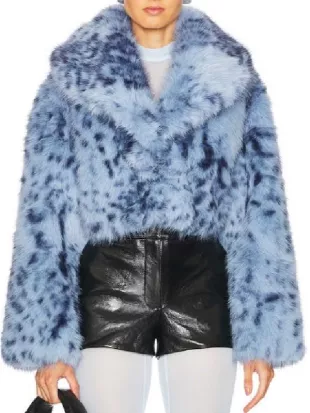 High Potential S02 Kaitlin Olson Blue Leopard Faux Fur Coat