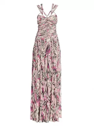 Rafael Ruched & Braided Printed Silk Dress