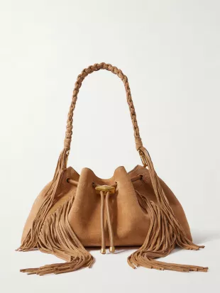 Bon Bon Embellished Fringed Suede Bucket Bag
