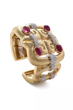 Open Scroll Rubellite Diamond Cuff Bracelet