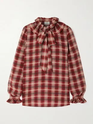 Pussy-bow Ruched Checked Silk Blouse