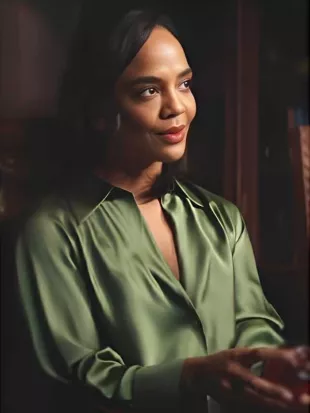 His and Hers S01 Tessa Thompson Green Silk Blouse