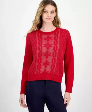 Cotton Snowflake-Motif Sweater in Haute Red