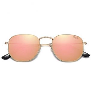 SOJOS Lunettes de Soleil Moderne Géométrique Métal Temples Minces Polarisé Lentille Plate Hexagonal pour Femmes et Hommes SJ1072 avec Or Cadre/Rose Lentille