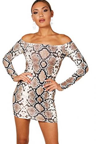 Femmes marron robe moulante Bardot imprimé serpent Ella - 8