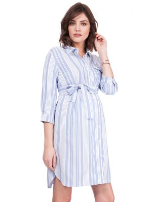 Robe chemise grossesse à rayures verticales   Bleu