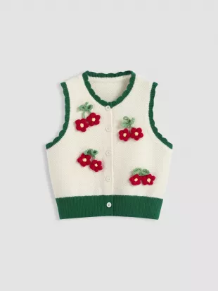 Knit V-neck 3D Flower Contrasting Binding Wave Trim Button Vest