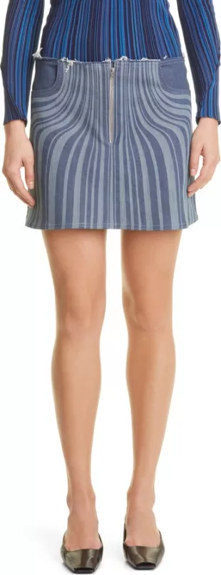 Laser Stripe Raw Edge Denim Miniskirt