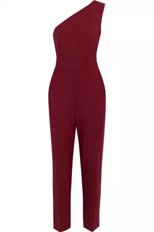Cropped One Shoulder Tulle Paneled Wool Blend Twill Jumpsuit